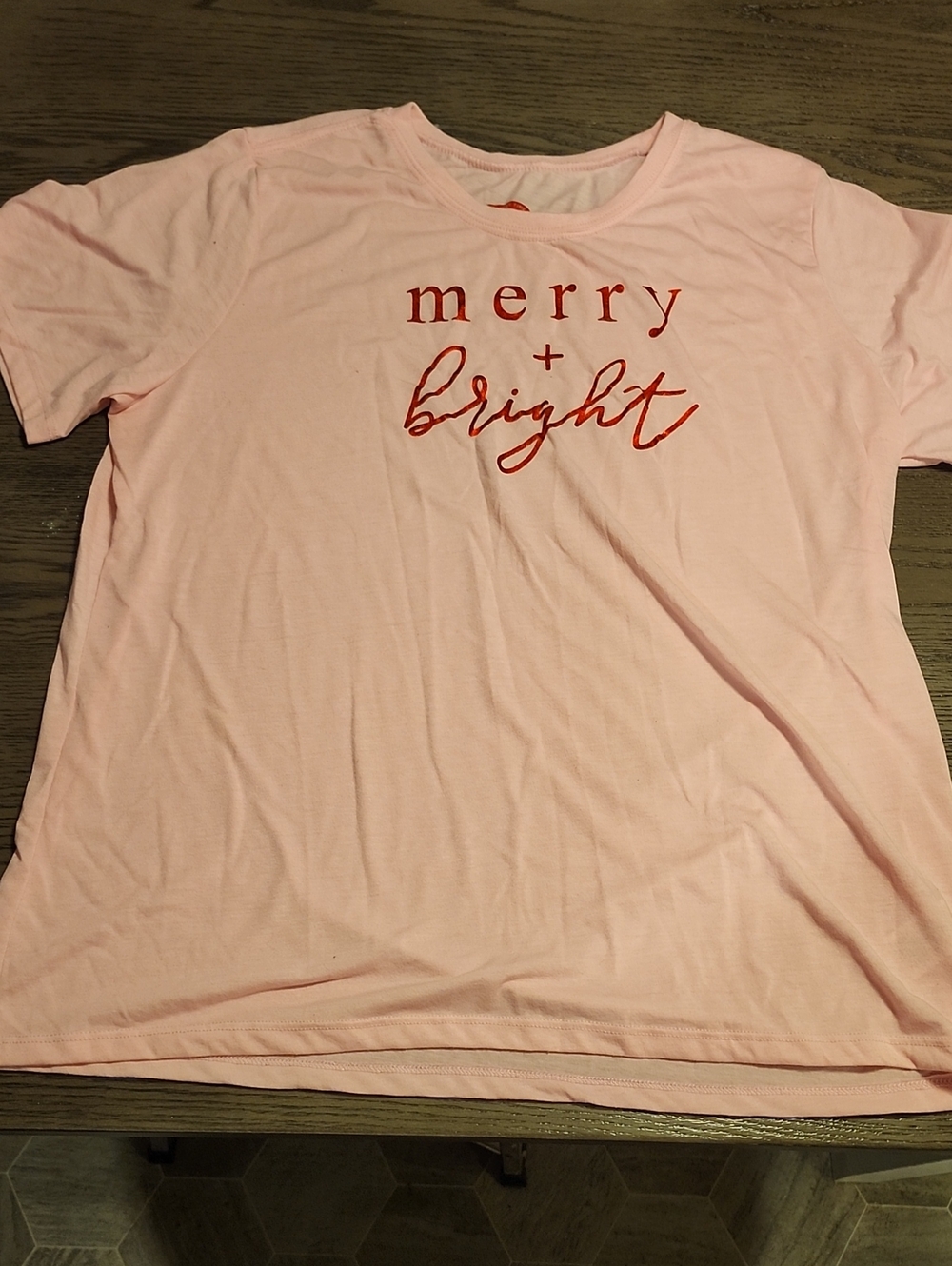 Holiday Time Pink Tee with Red 'merry + bright' Script